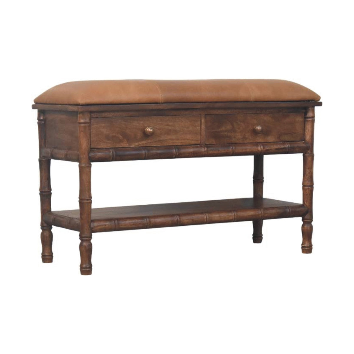 Bamboo Carved Storage Bench | Brass Solid Mango Wood Hand-Carved