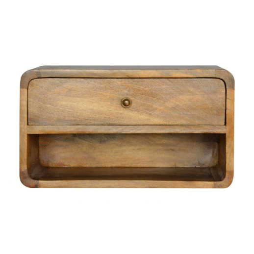 Floating Curve Open Slot Bedside Table | Oak-Ish Mango Wood Wall-Mounted