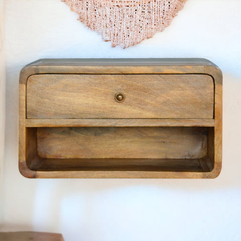 Floating Curve Open Slot Bedside Table | Oak-Ish Mango Wood Wall-Mounted