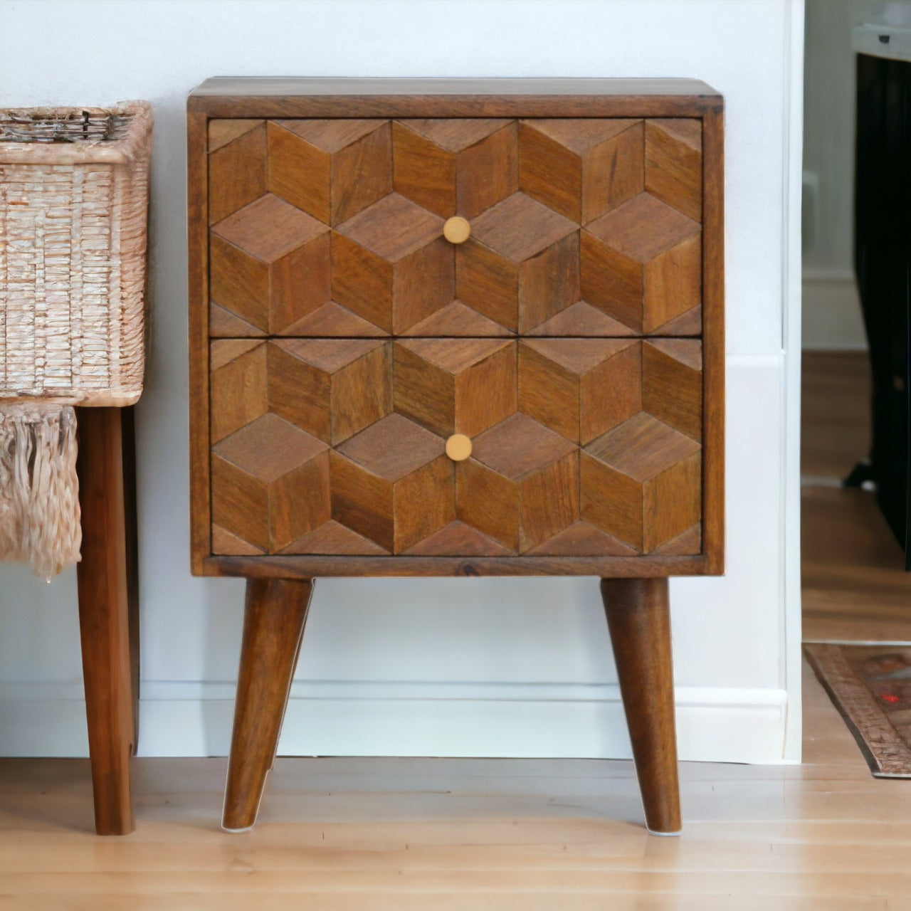 Chestnut Cube Carved Bedside Table | Hand-Carved