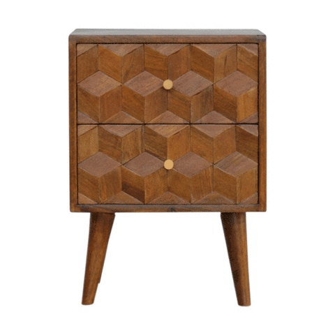 Chestnut Cube Carved Bedside Table | Hand-Carved
