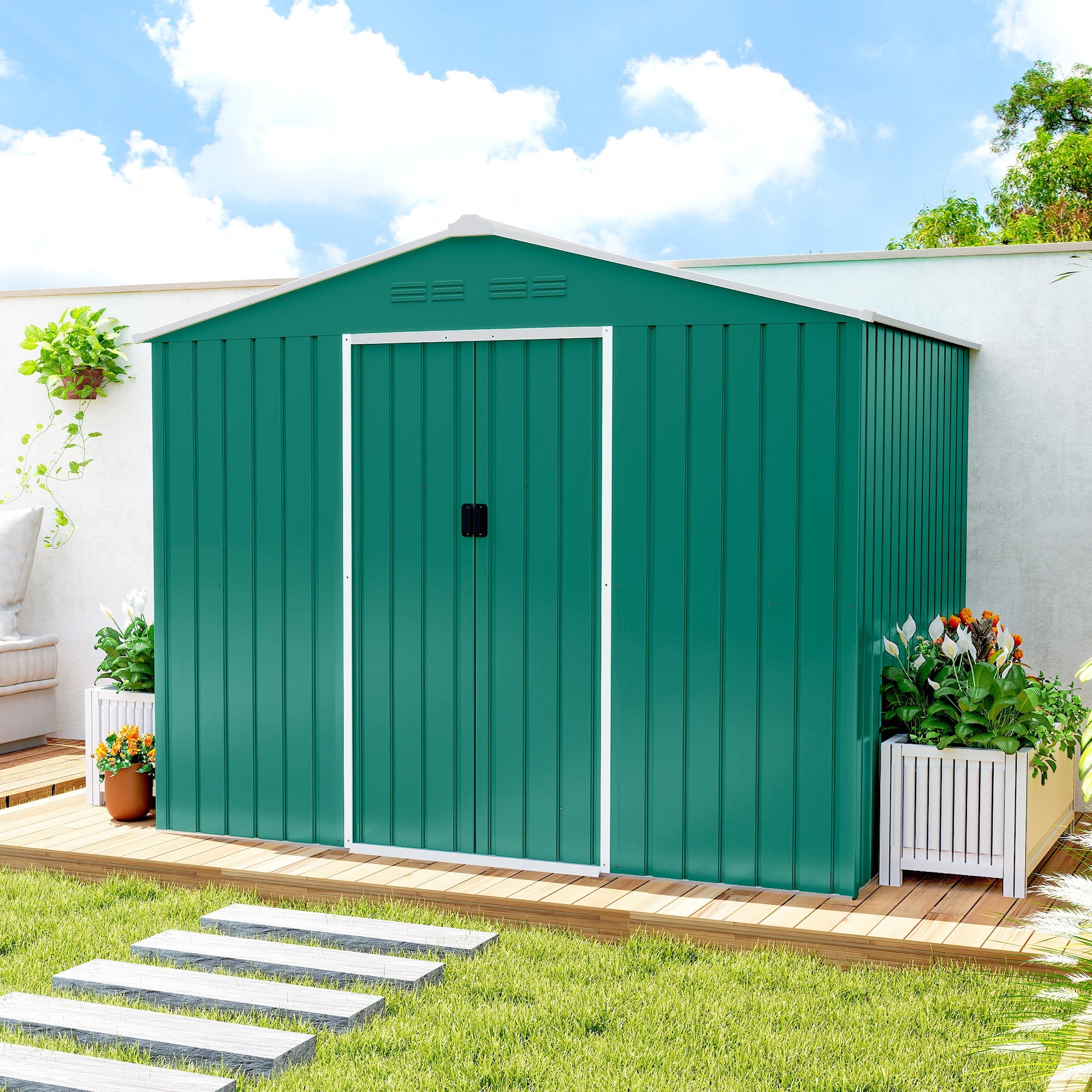 Outsunny 8 x 6ft Galvanised Steel Shed, with Double Door - Green