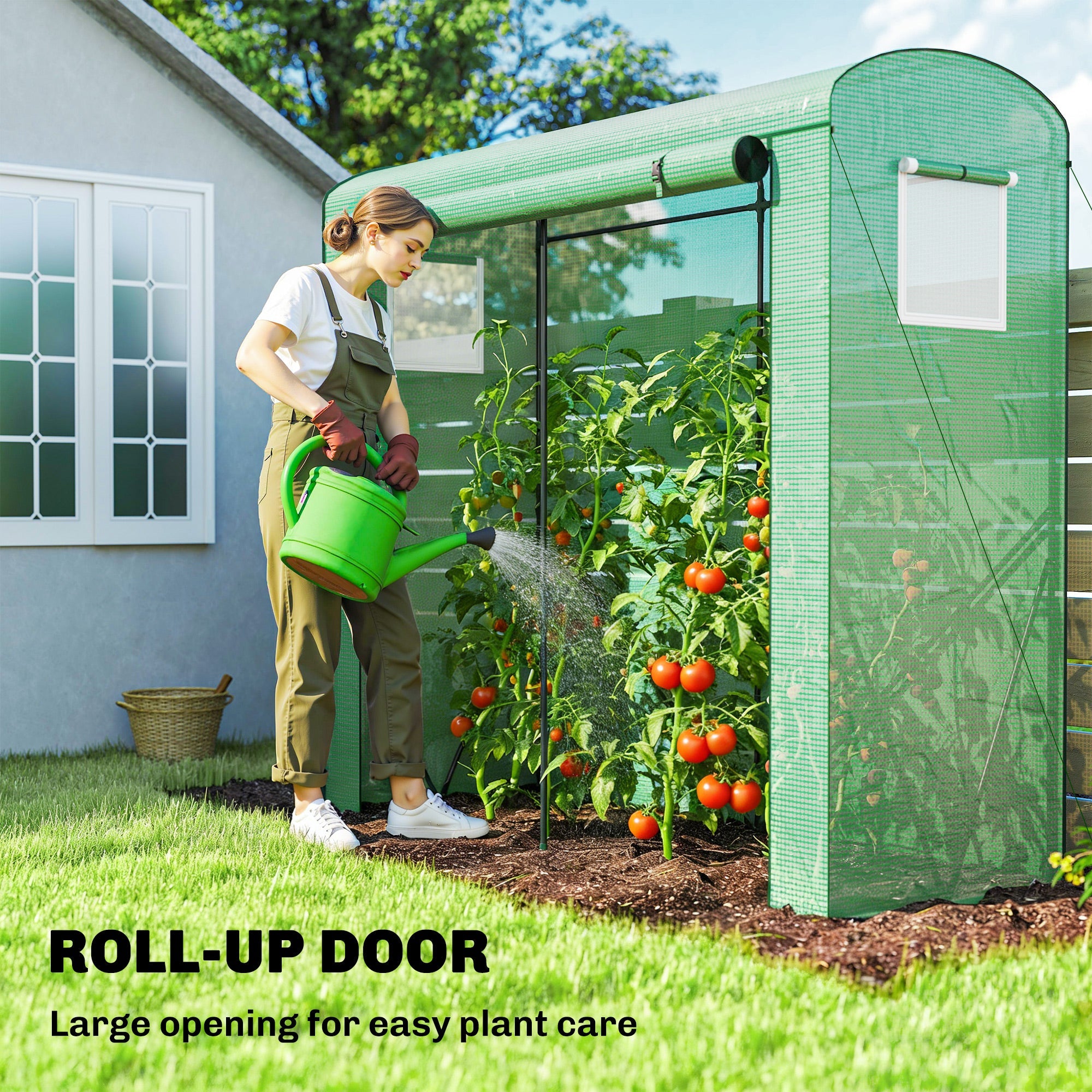 Outsunny Mini Greenhouse, Garden Tomato Growhouse with Roll-Up Door and 2 Mesh Windows, PE Cover, 200 x 75 x 188 cm, Green