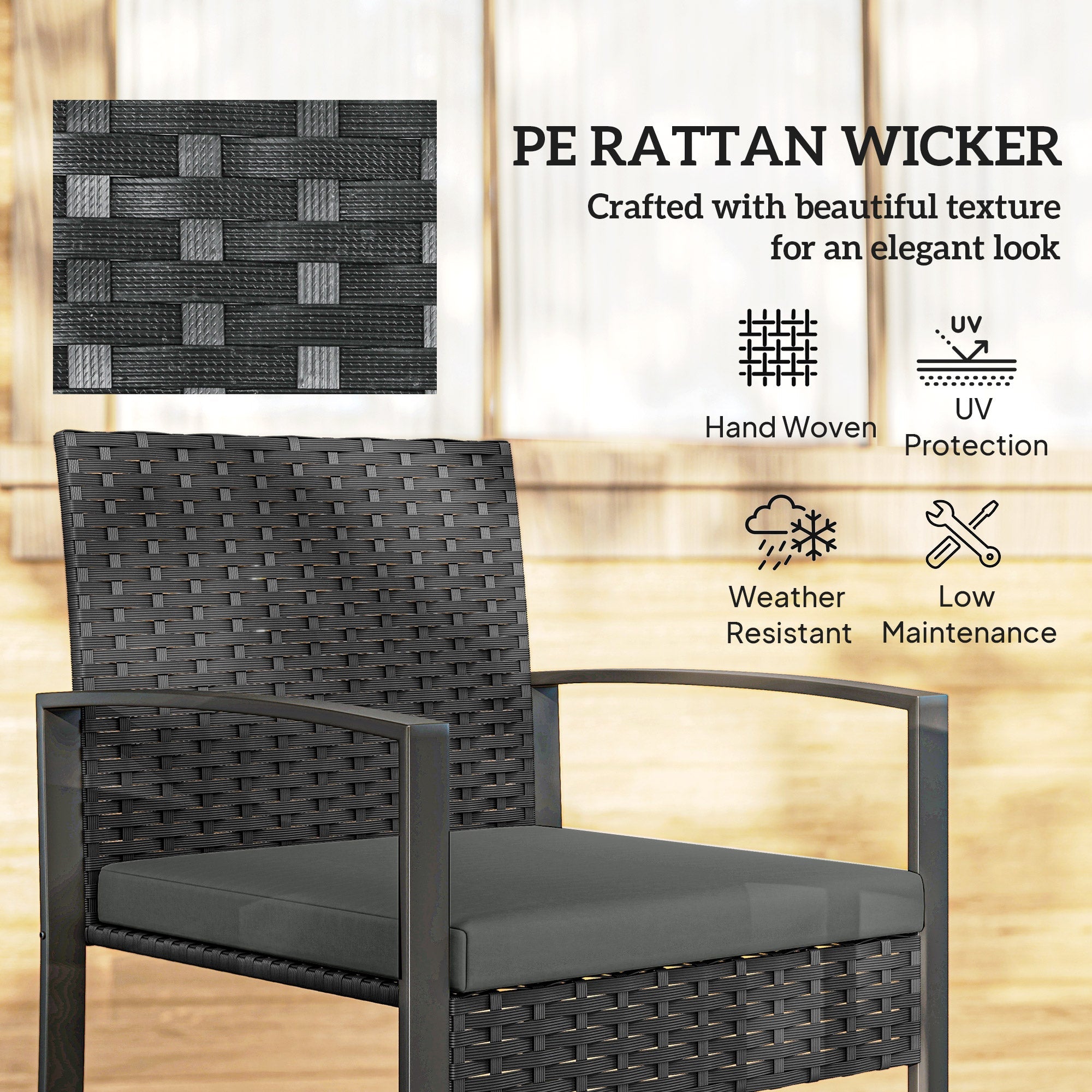 Outsunny Rattan Bistro Set, 3 Piece Garden Furniture Set with Glass Top Table and Cushions, Dark Grey