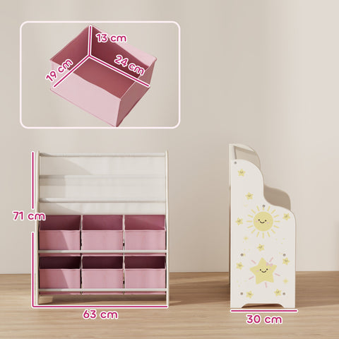 AIYAPLAY Kids Storage Unit, Toy Organiser with 6 Fabric Drawers and 2-Tier Sling Book Rack for Bedroom, Playroom, Nursery, Pink