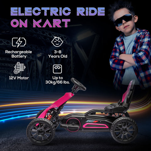 HOMCOM 12V Electric Go Kart for Kids, Ride-On Racing Go Kart with Forward Reversing, Rechargeable Battery, 2 Speeds, for Boys Girls Aged 3-8 Years Old - Pink