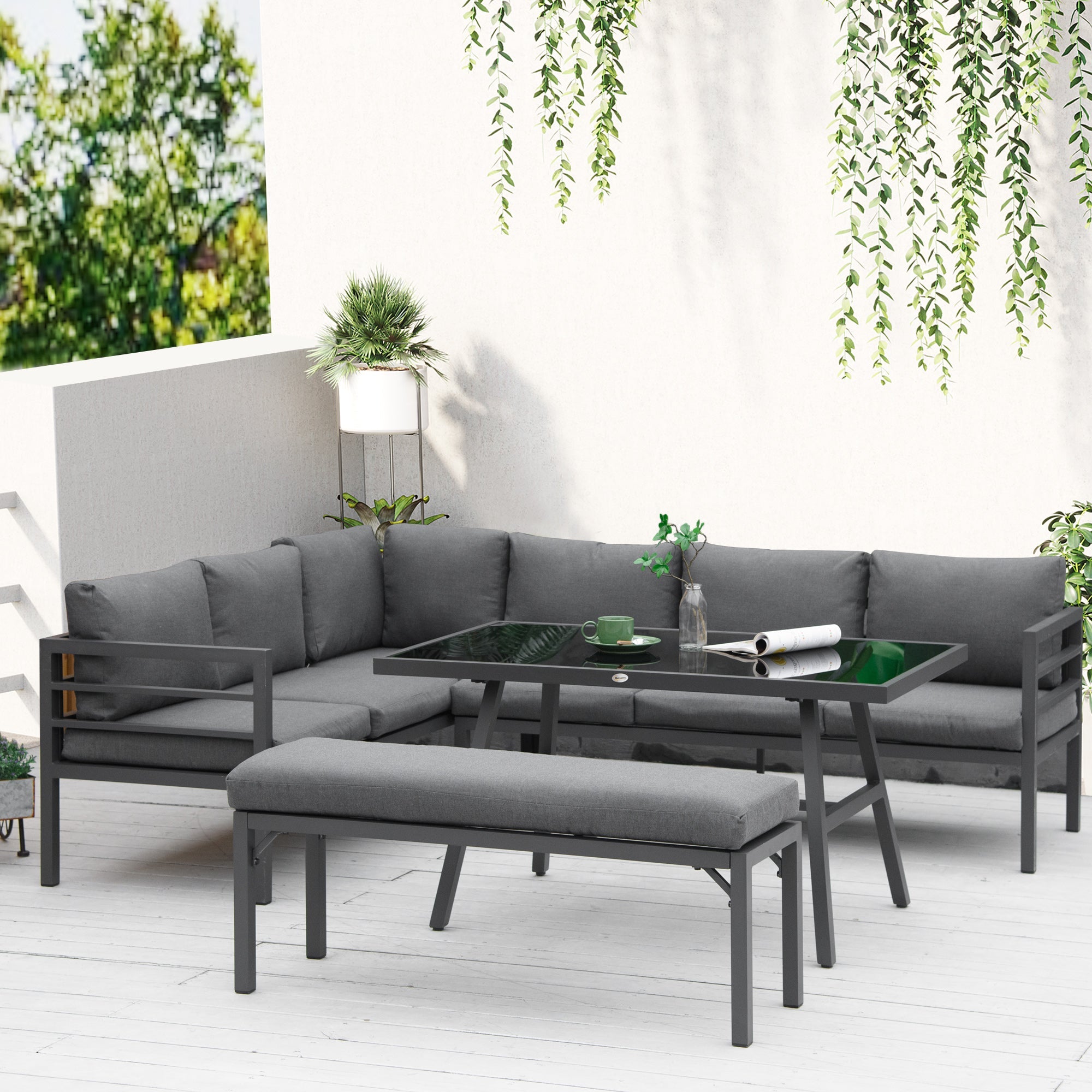 Outsunny\'c2\'a04\'c2\'a0Piece\'c2\'a0L-shaped Garden Furniture Set 8-Seater Aluminium Outdoor Dining Set Conversation Sofa Set w/ Bench, Dining Table & Cushions,\'c2\'a0Grey