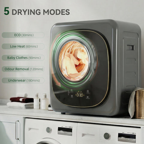 HOMCOM 4kg Vented Tumble Dryer with 5 Drying Mode, 800W Compact Freestanding Front Tumble Dryer Grey