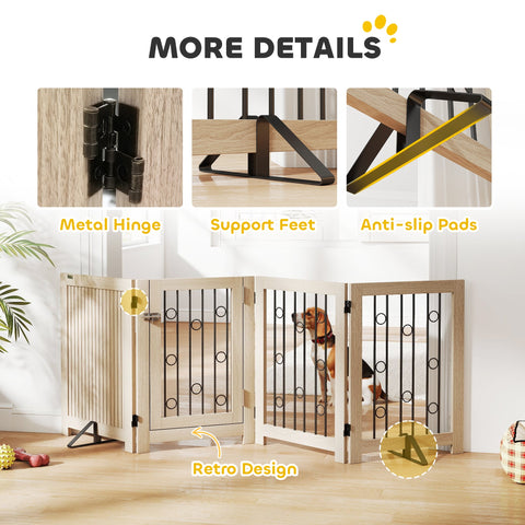 PawHut 4 Panel Freestanding Pet Gate, Indoor Dog Barrier with Lockable Door, Support Feet, 360° Flexible Hinges, Oak