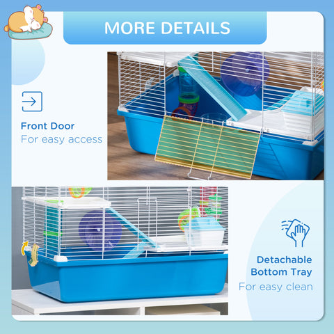 PawHut Hamster Cage, Gerbil Cage 3 Tier for Dwarf Hamster with Tube, Exercise Wheel, Water Bottle, Food Dish 59 x 36 x 47 cm- Blue