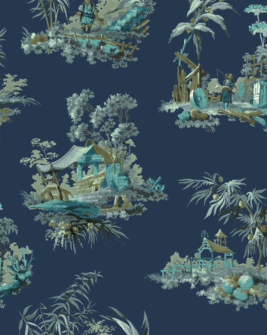 Vintage Oriental Wallpaper - Navy