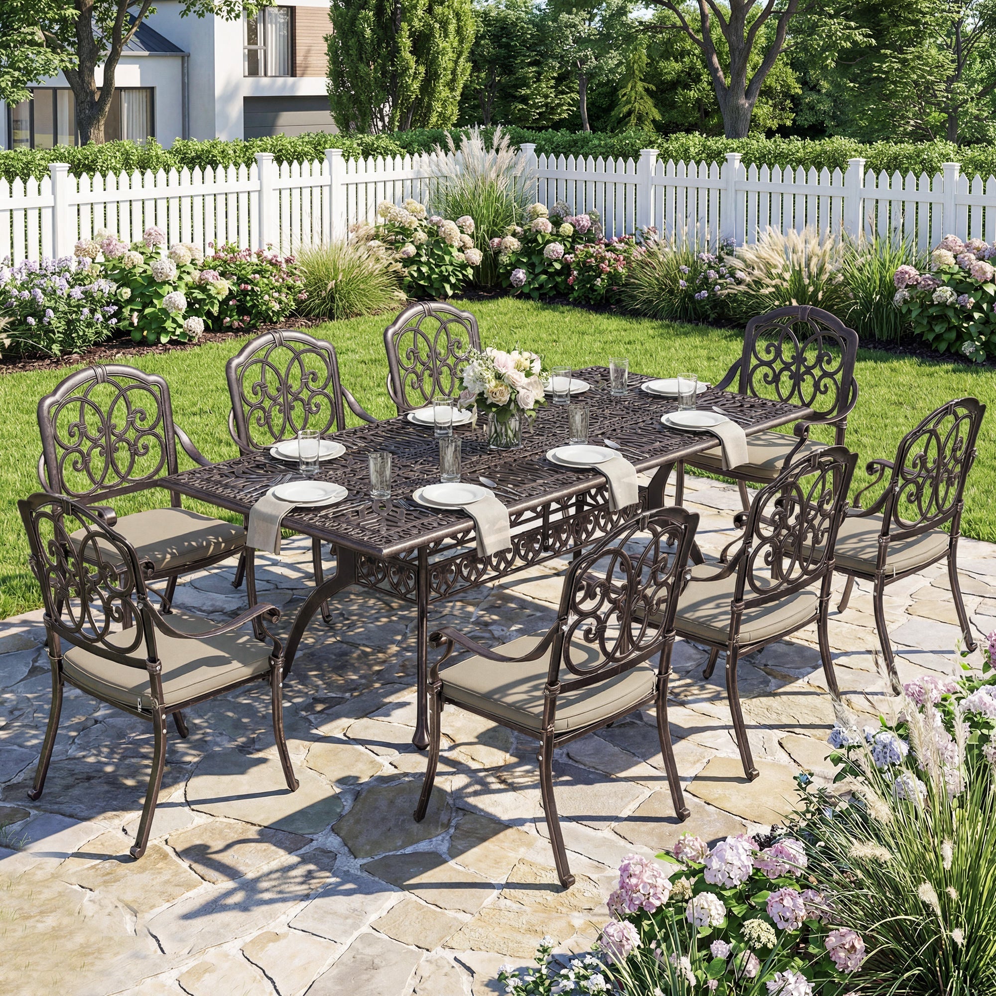 Outsunny 9 Piece Cast Aluminium Garden Dining Set, Garden Table and Chairs Set with Cushions, Parasol Hole for Patio, Bronze Tone