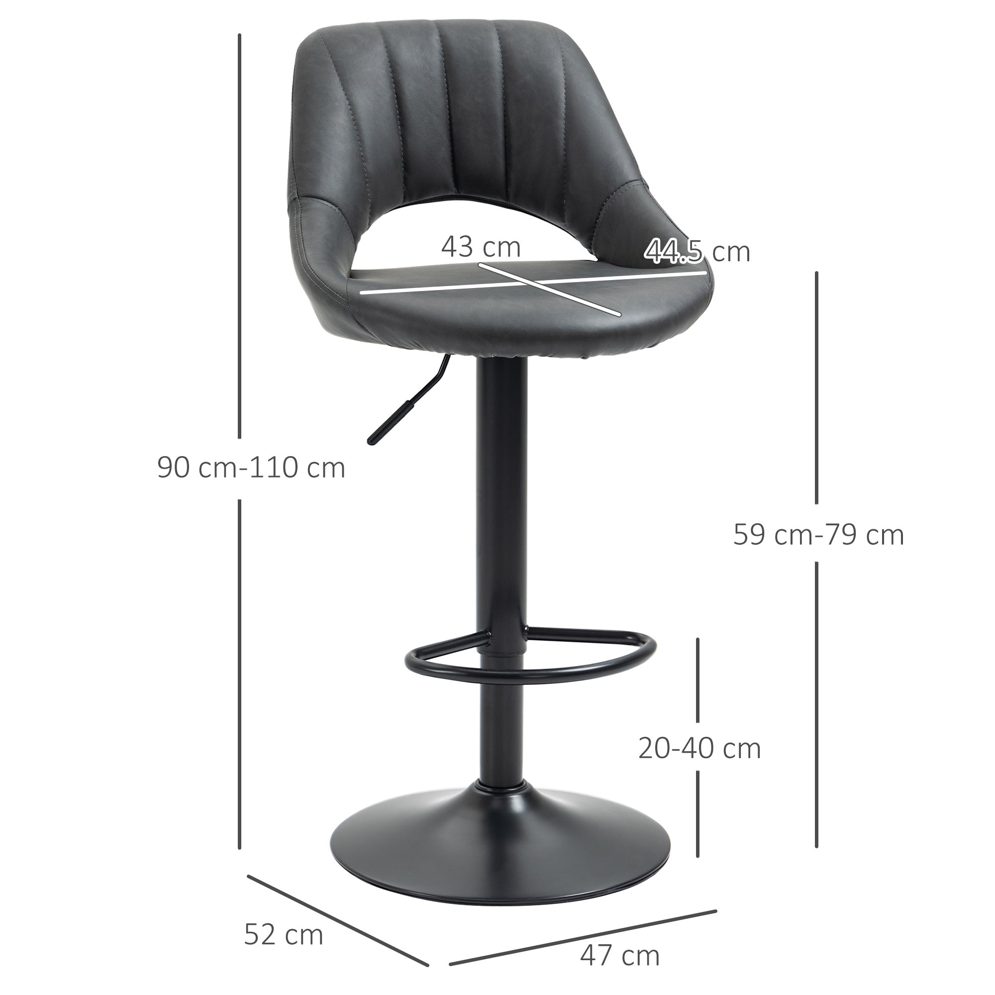 HOMCOM Bar Stools Set of 2, Swivel Counter Height Barstools with Back, Adjustable PU Leather Bar Chairs, Modern Armless Kitchen Island Stool, Dark Grey
