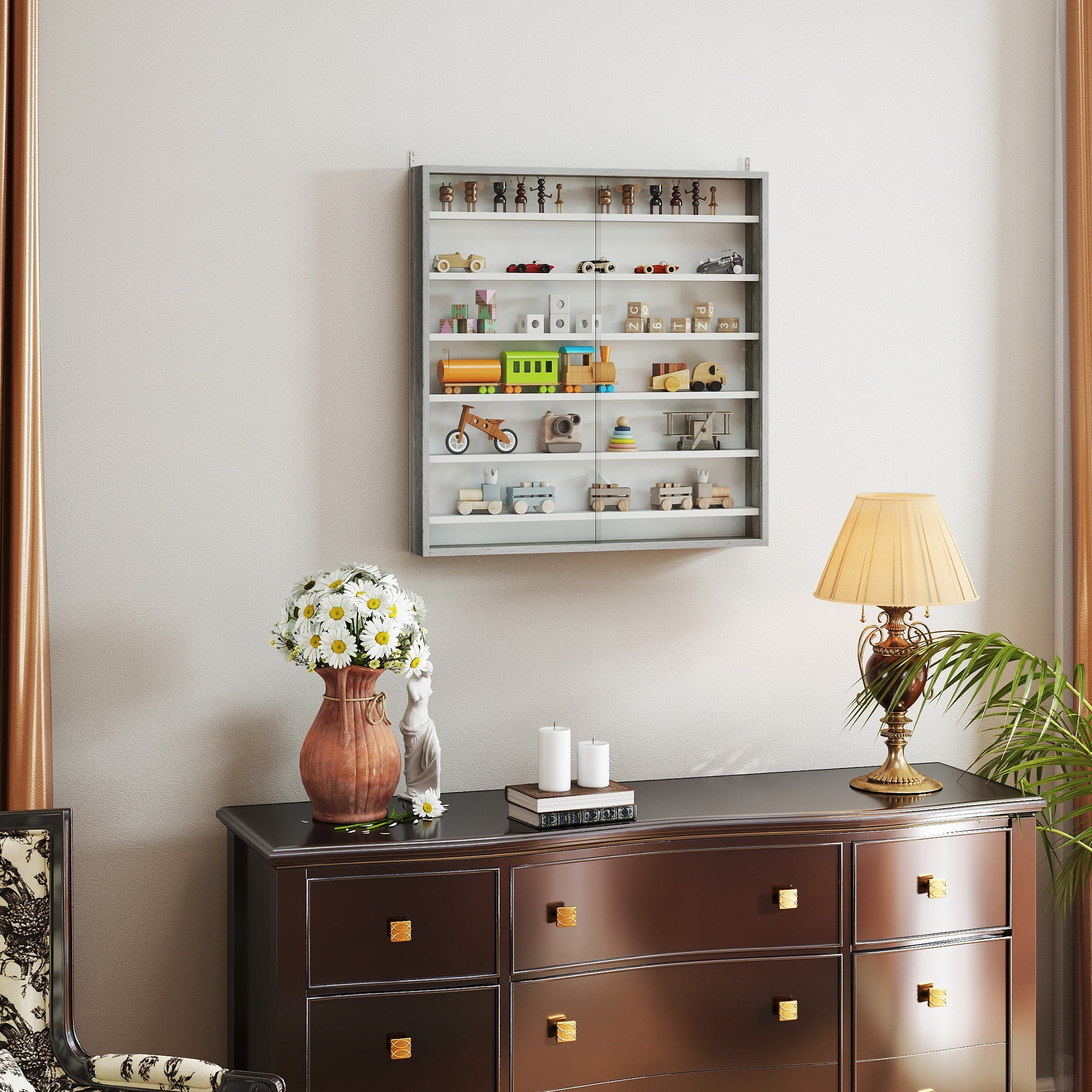 HOMCOM Six Shelf Display Cabinet, with Glass Doors - Graphite Wood Effect