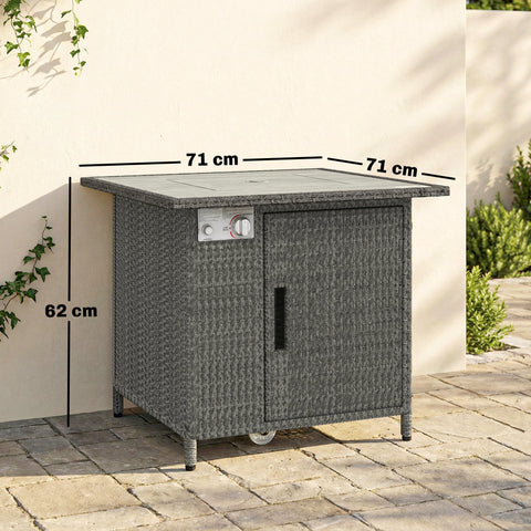 Outsunny 14.5 KW Rattan Gas Fire Pit Dining Table with Rain Cover, Wind Guard, Lid, Lava Rocks, Dark Grey