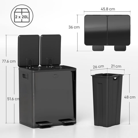 HOMCOM 40L Dual Compartment Stainless Steel Bin, with Deodoriser Holders - Glossy Black
