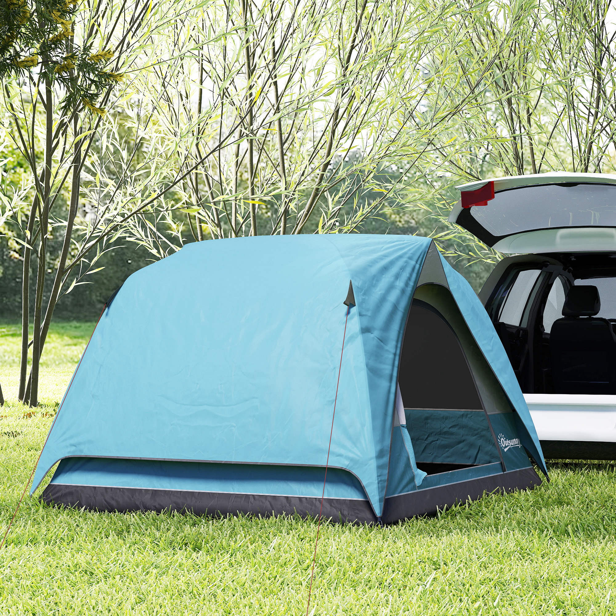 Outsunny 3-4 Person Camping Tent, Easy Set Up Waterproof Dome Tent with Sewn-in Groundsheet, Mesh Windows, Pocket and Hook for Camping, Hiking, Backpacking, Navy Blue and Light Blue