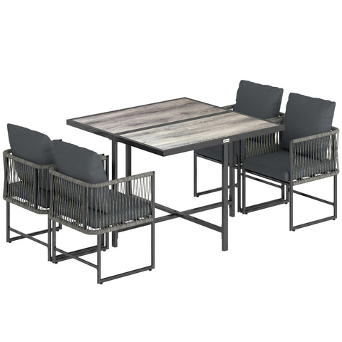 Outsunny 4-Seater Garden Dining Set, Rattan Outdoor Furniture with Space-Saving Chairs and Thick Cushions for Patio Balcony, Black