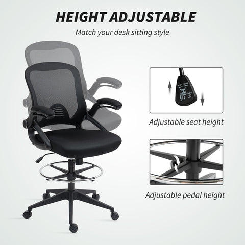 Vinsetto Drafting Chair with Flip-up Armrest, Mesh Office Stool with Foot Ring, 360° Swivel Height Adjustable Chair for Standing Desk, Black