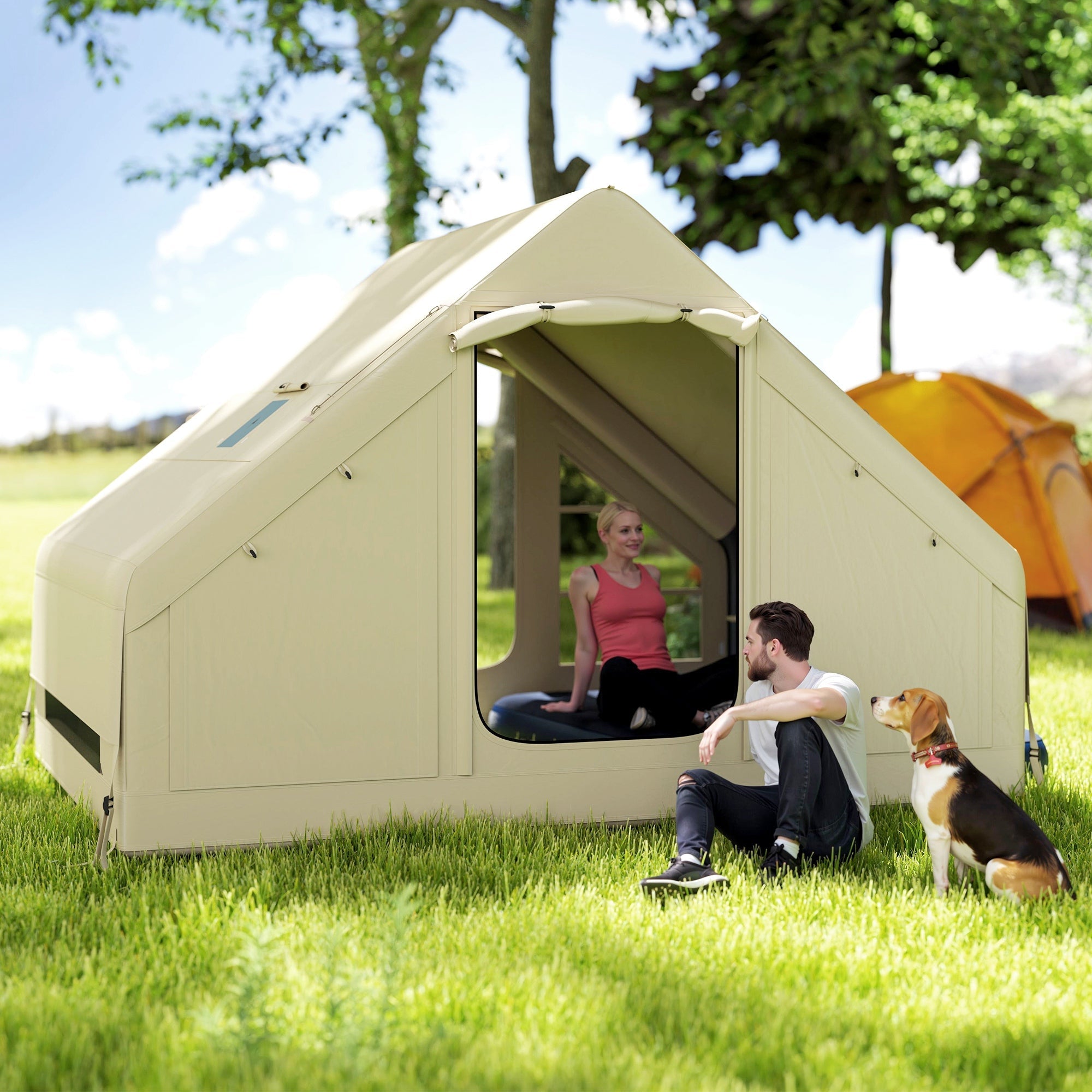 Outsunny Inflatable Camping Tent with Pump, Easy Setup 2-4 Person Blow Up Tent, Waterproof Luxury Inflatable Tent with Mesh Windows, Doors, Hook and Carry Bag, Beige