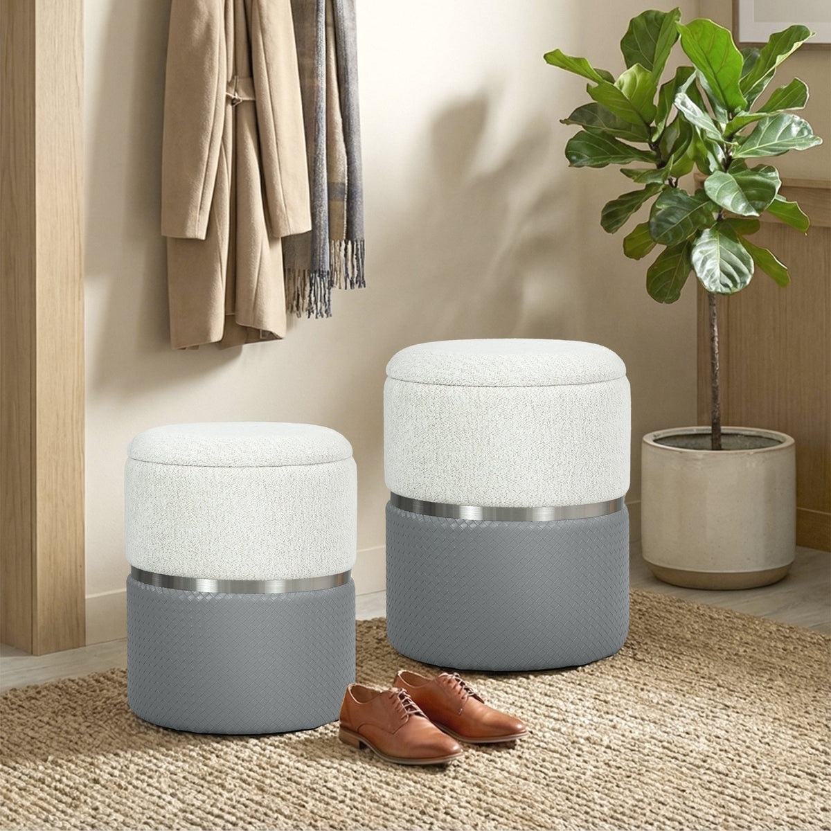 HOMCOM Nesting Round Ottoman with Storage Set of 2 - Cream/Grey