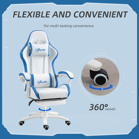 Vinsetto Computer Gaming Chair, PU Leather Desk Chair with Footrest, Swivel Task Chair with 135\'c2\'b0 Reclining Back and Lumbar Support, PC Chair for Adults, White and Blue