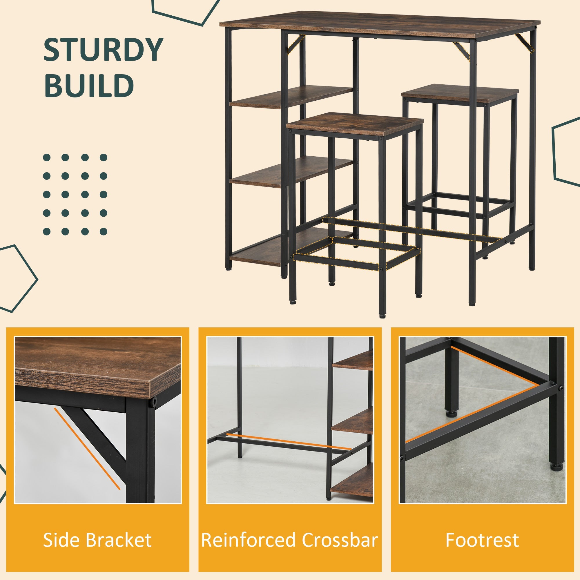 HOMCOM Industrial Bar Height Dining Table Set With 2 Stools & Side Shelf, 3 Pieces Coffee Table for Dining Room, Kitchen, Dinette