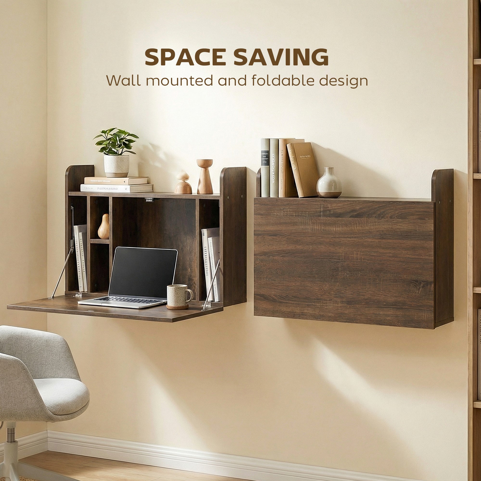 HOMCOM Wall Mounted Desk, Drop Leaf Floating Laptop Desk with Space Saving Storage Compartments for Home Office, Dark Brown