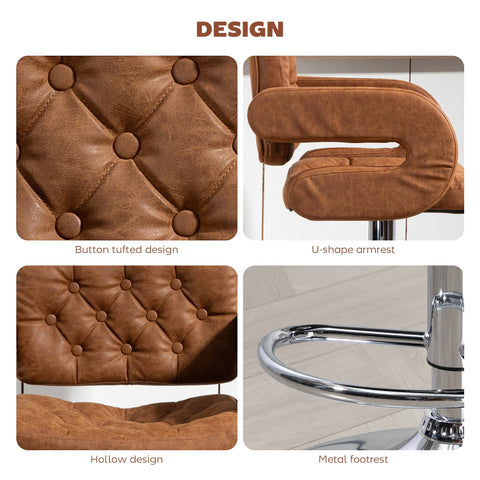 HOMCOM PU Leather Upholstered Swivel Bar Stool, Height Adjustable with Back, Armrest, Footrest, Brown