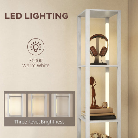 HOMCOM Floor Lamp with Shelves, LED Column Modern Standing Lamp with Fabric Drawer, Adjustable Brightness, Foot Switch for Living Room, Bedroom, Office, White