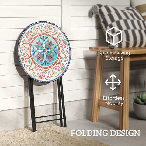 Outsunny Mosaic Outdoor Garden Table, 35.5cm Round Folding Coffee Table with Metal Frame for Balcony Terrace, Multicolour