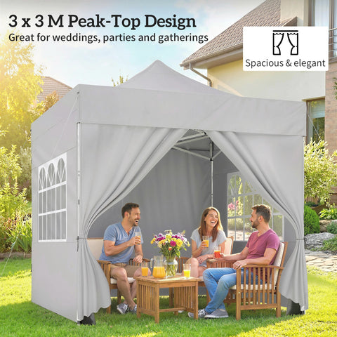 Outsunny 3 x 3 m Pop Up Gazebo with Sidewalls, UPF50+ Heavy Duty Garden Party Tent Marquee with Wheeled Carry Bag, Silver Grey