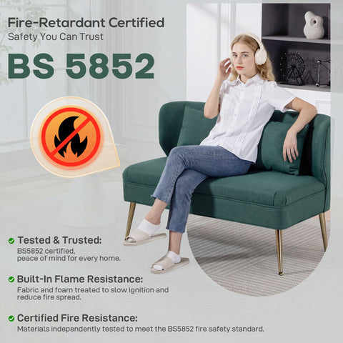 HOMCOM 2 Seater Sofa, Linen-look Fabric Small Sofa with Wing Back, Thick Seat, Metal Legs, Dark Green
