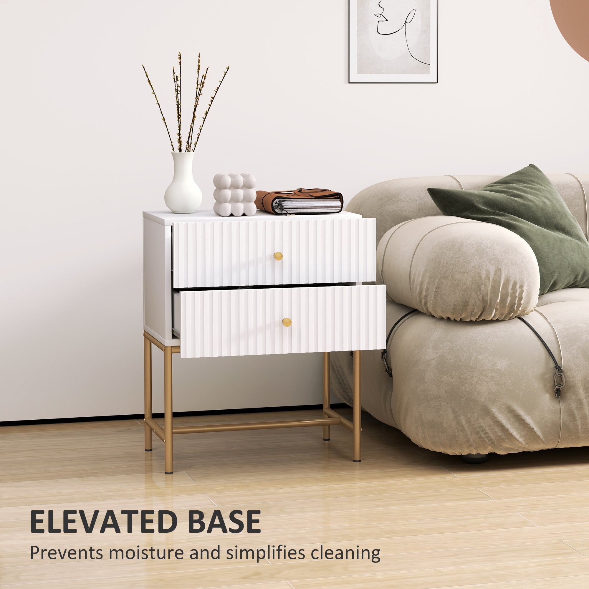 HOMCOM Elegant Two-Drawer Bedside Table - White