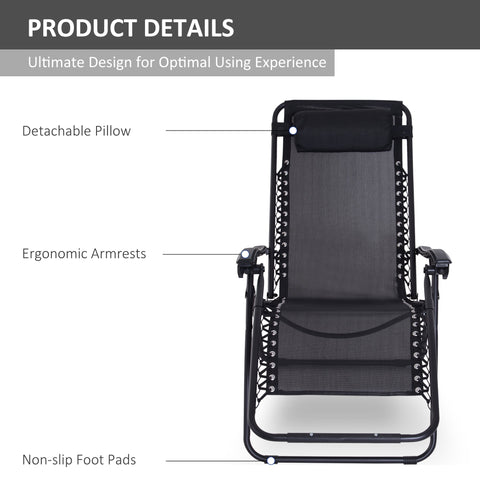 Outsunny Zero Gravity Chair Metal Frame Texteline Armchair Outdoor Folding and Reclining Sun Lounger with Head Pillow for Patio Decking Gardens Camping, Black