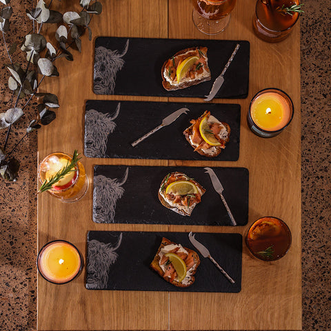 Highland Cow Mini Slate Cheese Board & Knife Sets - Set of 4