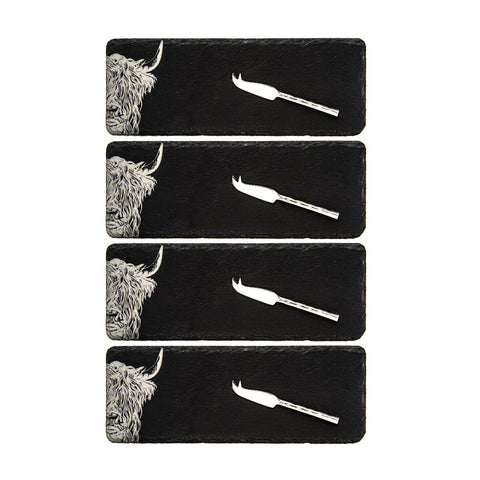 Highland Cow Mini Slate Cheese Board & Knife Sets - Set of 4