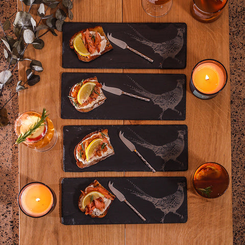 Pheasant Mini Slate Cheese Board & Knife Sets - Set of 4