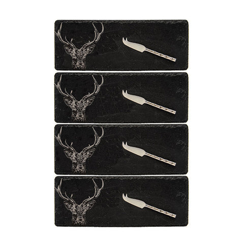 Stag Prince Mini Slate Cheese Board & Knives - Set of 4