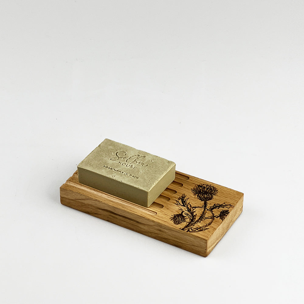 Thistle Trio Oak Soap Dish & Soap Set