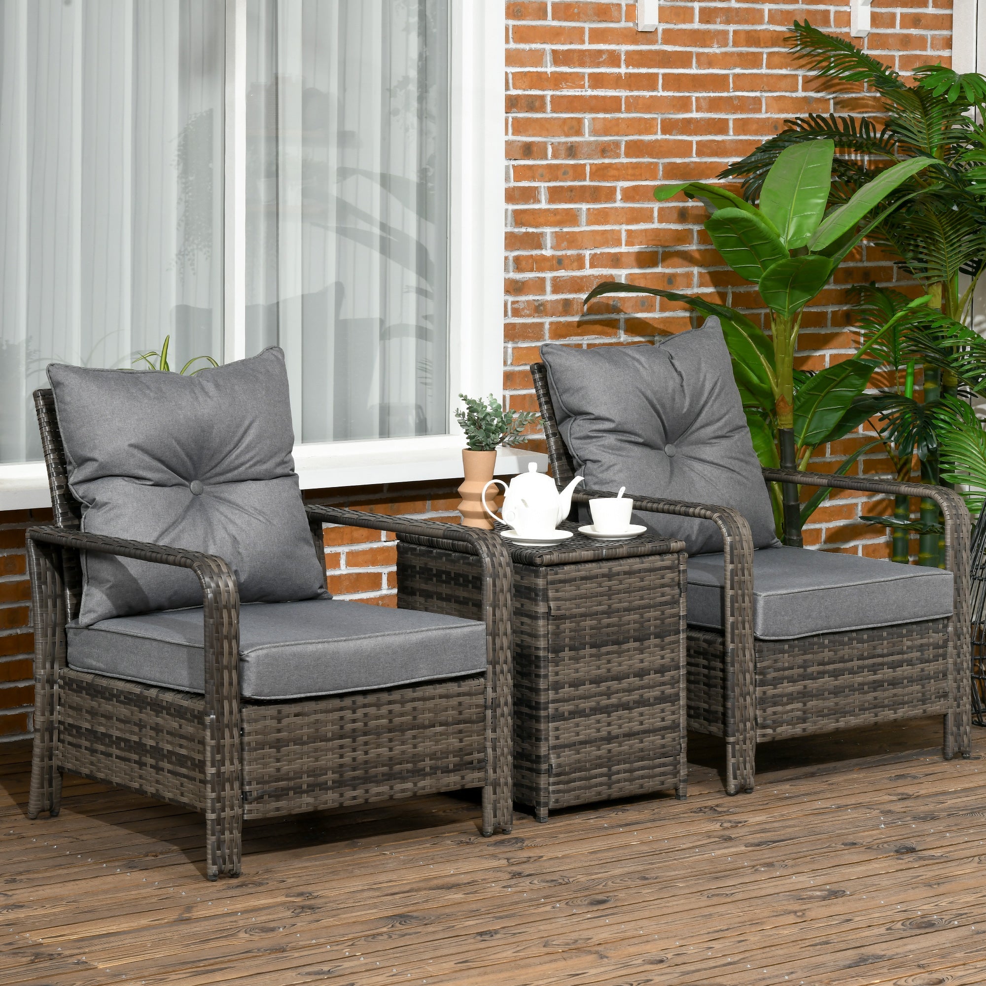 Outsunny 3 Pieces Rattan Bistro Set, Wicker Garden Furniture Set with Storage  Coffee Table and Chairs, Thickened Cushions for Outdoor, Patio, Balcony, Grey