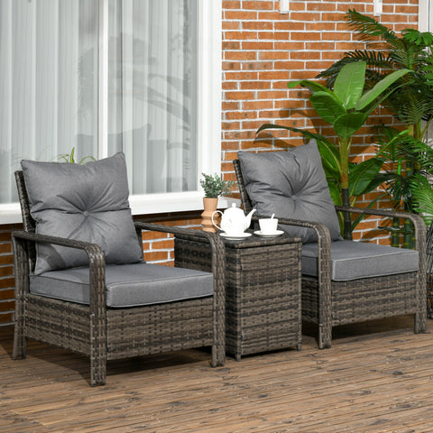 Outsunny 3 Pieces Rattan Bistro Set, Wicker Garden Furniture Set with Storage  Coffee Table and Chairs, Thickened Cushions for Outdoor, Patio, Balcony, Grey