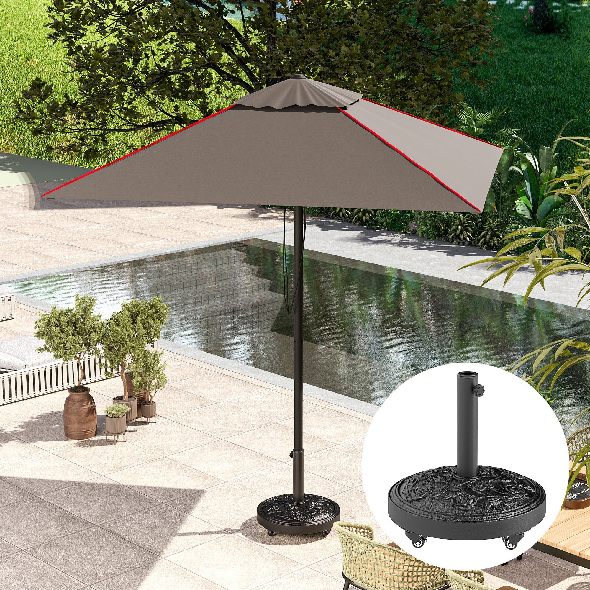 Outsunny Parasol Base, Umbrella Base with Wheels Cast Iron Effect, for Umbrella, Canopy, Weather Resistant, Black