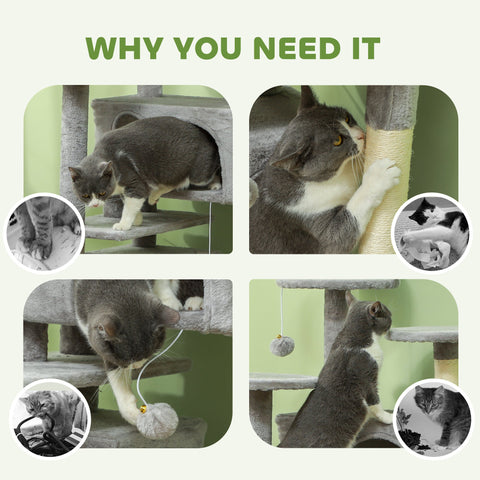 PawHut 138cm Cat Tree, Multi-Level Cat Tower with Scratching Posts and Pad, Bed, Condos, Platforms, Toy Balls, Light Grey