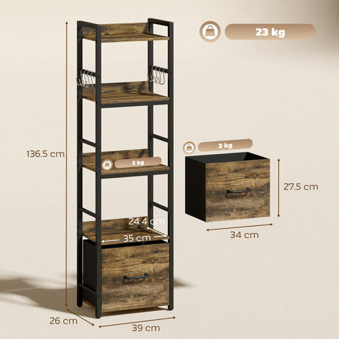 HOMCOM 4-Tier Bookshelf, Narrow Bookcase with Drawer, 8 Hooks, Metal Frame, Rustic Brown