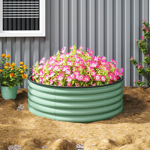 Outsunny Galvanised Raised Garden Bed with Safety Edging, Outdoor Raised Planter Box with Gloves, 120 x 120 x 43cm, Light Green