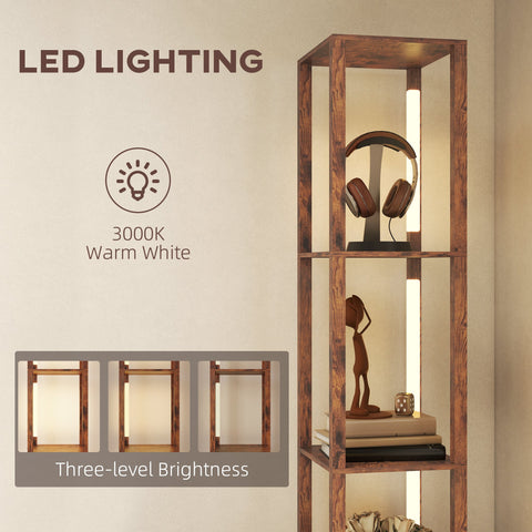HOMCOM Floor Lamp with Shelves, LED Column Modern Standing Lamp with Fabric Drawer, Adjustable Brightness, Foot Switch for Living Room, Bedroom, Office, Rustic Brown