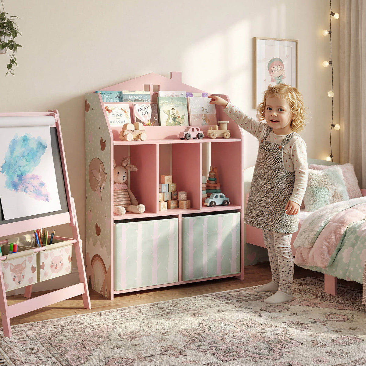 AIYAPLAY Kids Bookshelf with Storage, Toy Storage Unit with Book Display, Shelves and Fabric Drawers for Playroom Nursery, Pink