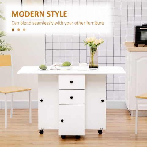HOMCOM Multi-Storage Six-Person Drop Leaf Dining Table -  White