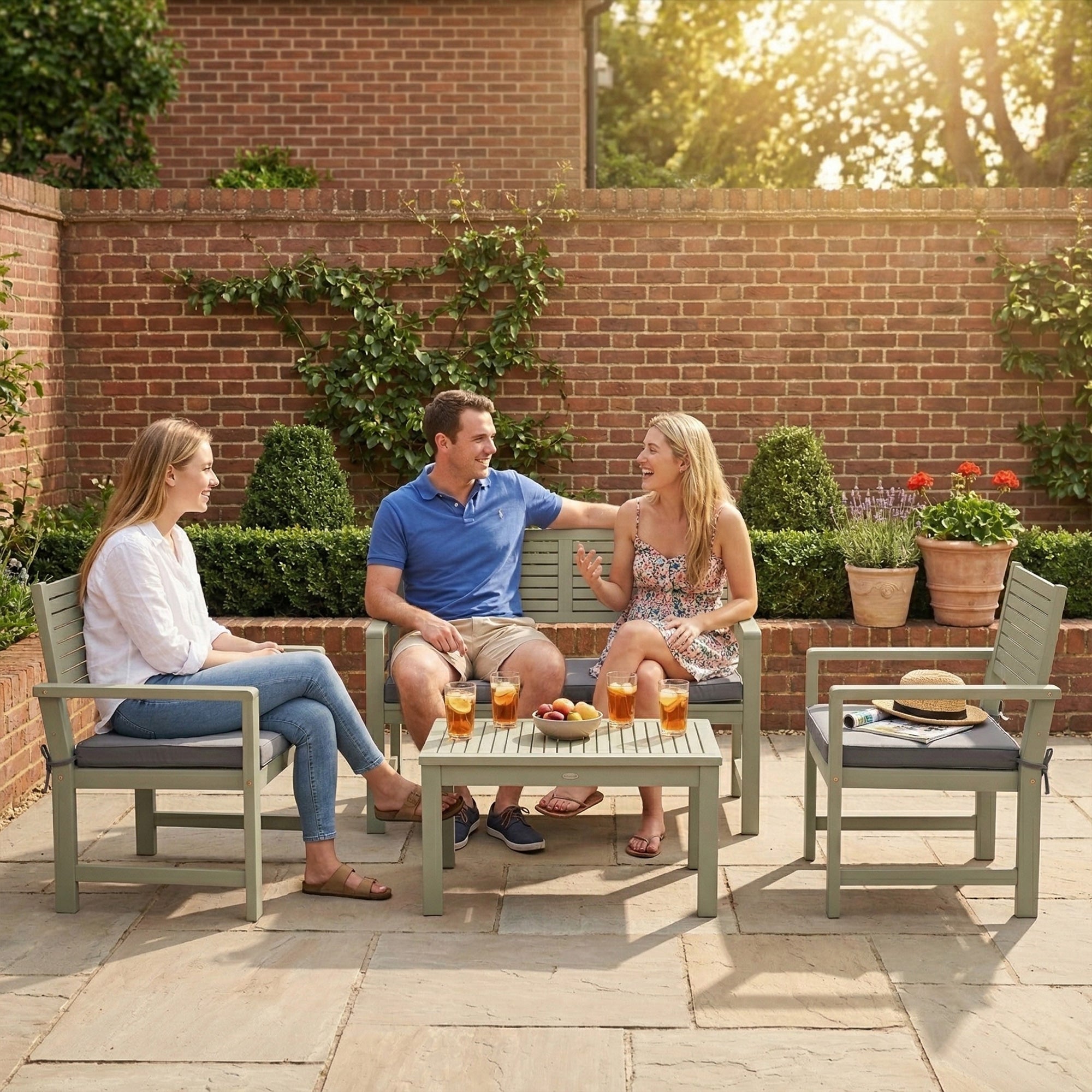 Outsunny 4 Seater Wooden Garden Furniture Set with Loveseat, Armchairs, Table, Acacia Wood Garden Sofa Set, Light Grey